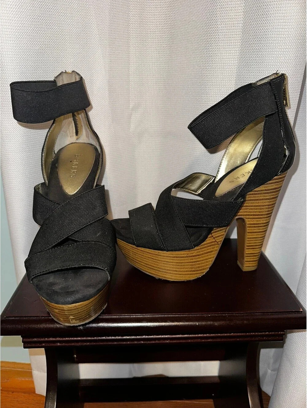 Black High Heel Platform Sandals Wooden Stacked Heels 8 1/2